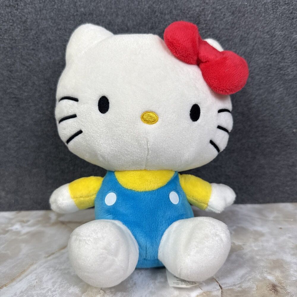 7" Hello Kitty Sanrio 2023 Plush Stuffed Animal Blue Overalls & Red Bow